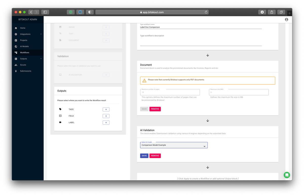 a screenshot of Bitskout no-code A.I. for monday.com with a view of comparison workflow a screenshot of Bitskout no-code A.I. for monday.com with a view of comparison workflow