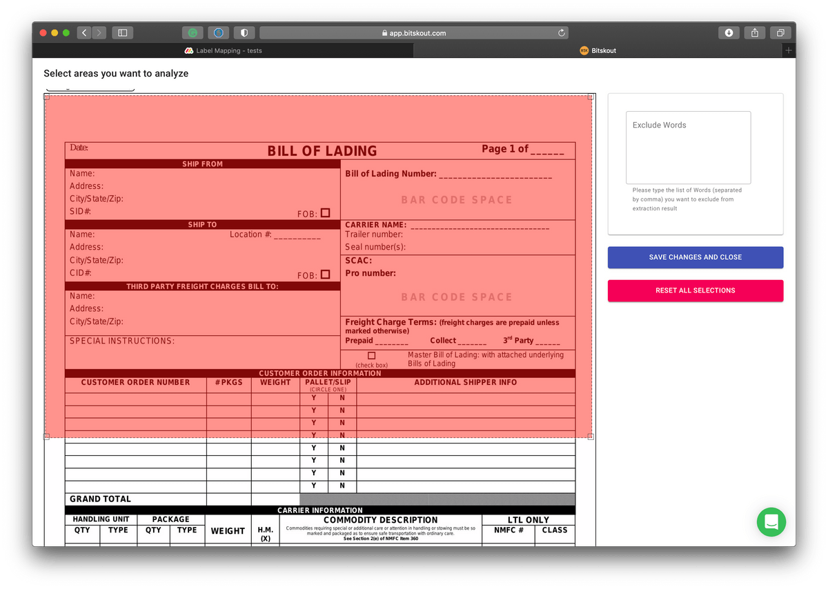 A view of Bitskout screenshot where we create an A.I. model and select areas we want to extract data from for data extraction to detect our shipping document type A view of Bitskout screenshot where we create an A.I. model and select areas we want to extract data from for data extraction to detect our shipping document type