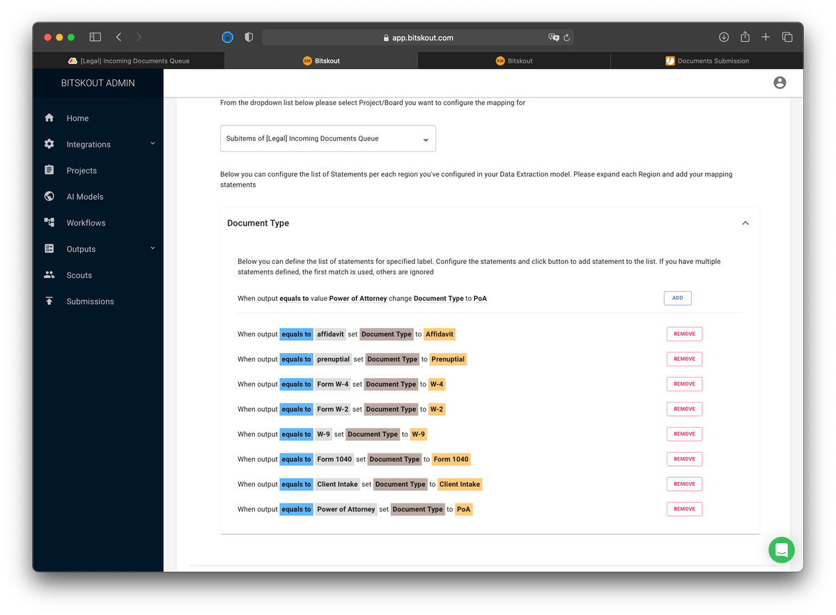 a screenshot where a user sets app label mapping for monday.com board a screenshot where a user sets app label mapping for monday.com board
