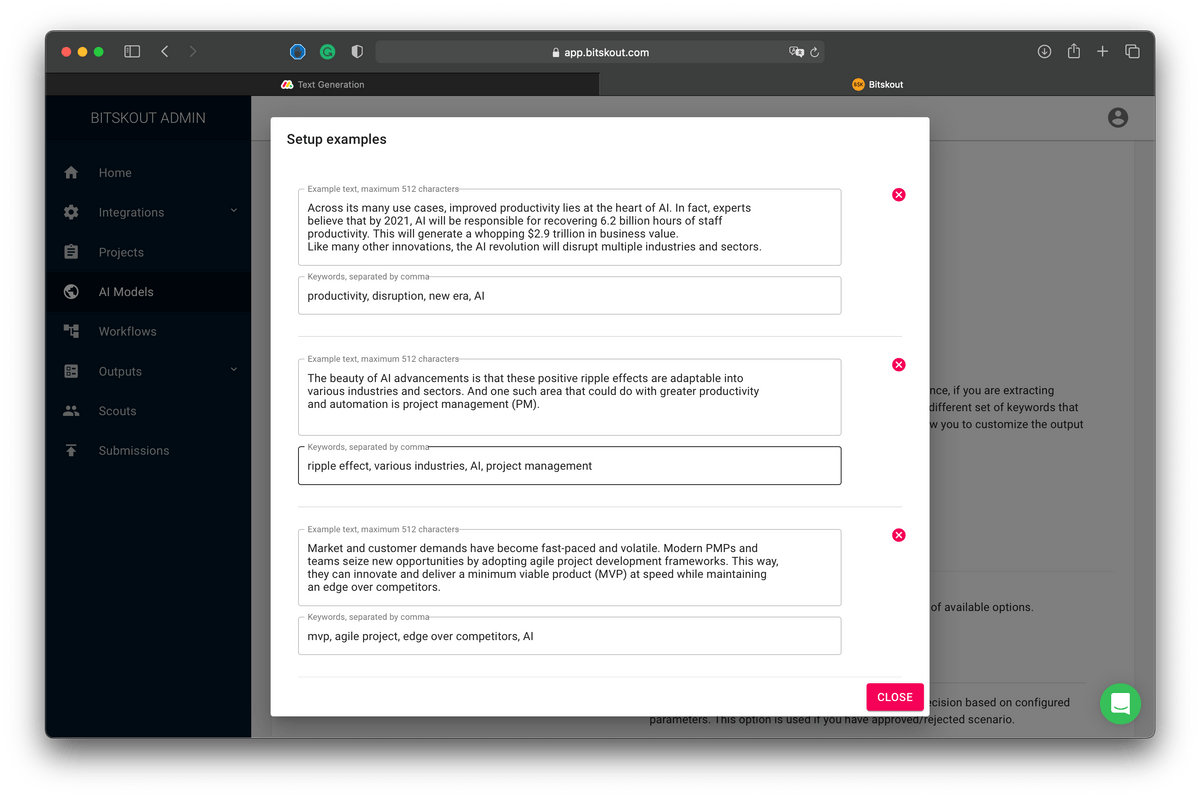 a screenshot of Bitskout A.I. model creation screen where a user can add example to generate custom keywords from text a screenshot of Bitskout A.I. model creation screen where a user can add example to generate custom keywords from text