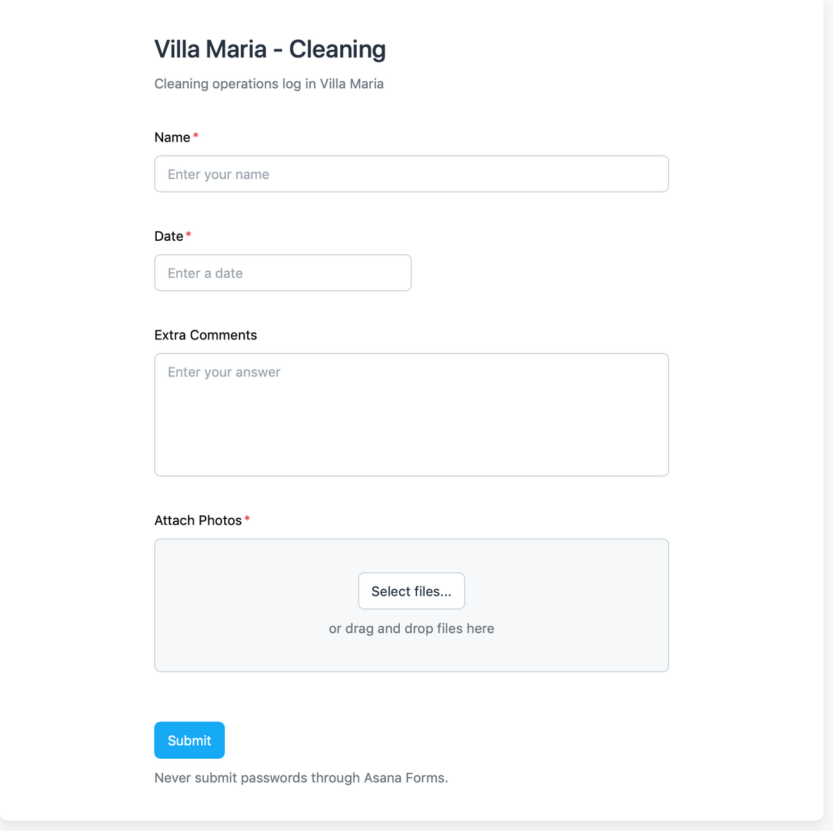 Asana form that the cleaning team has to fill in to be checked by Bitskout Asana form that the cleaning team has to fill in to be checked by Bitskout