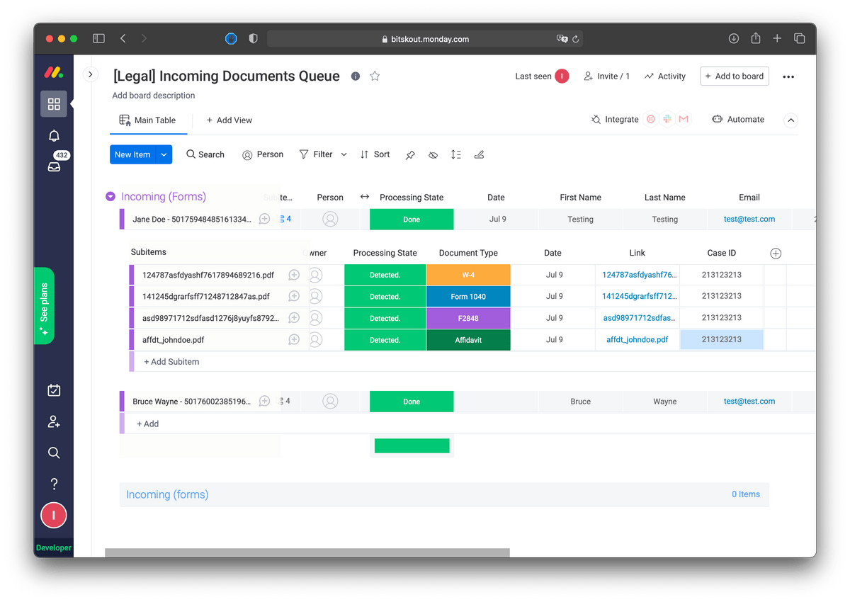 monday.com board view with detected legal document types with Bitskout no-code A.I. monday.com board view with detected legal document types with Bitskout no-code A.I.