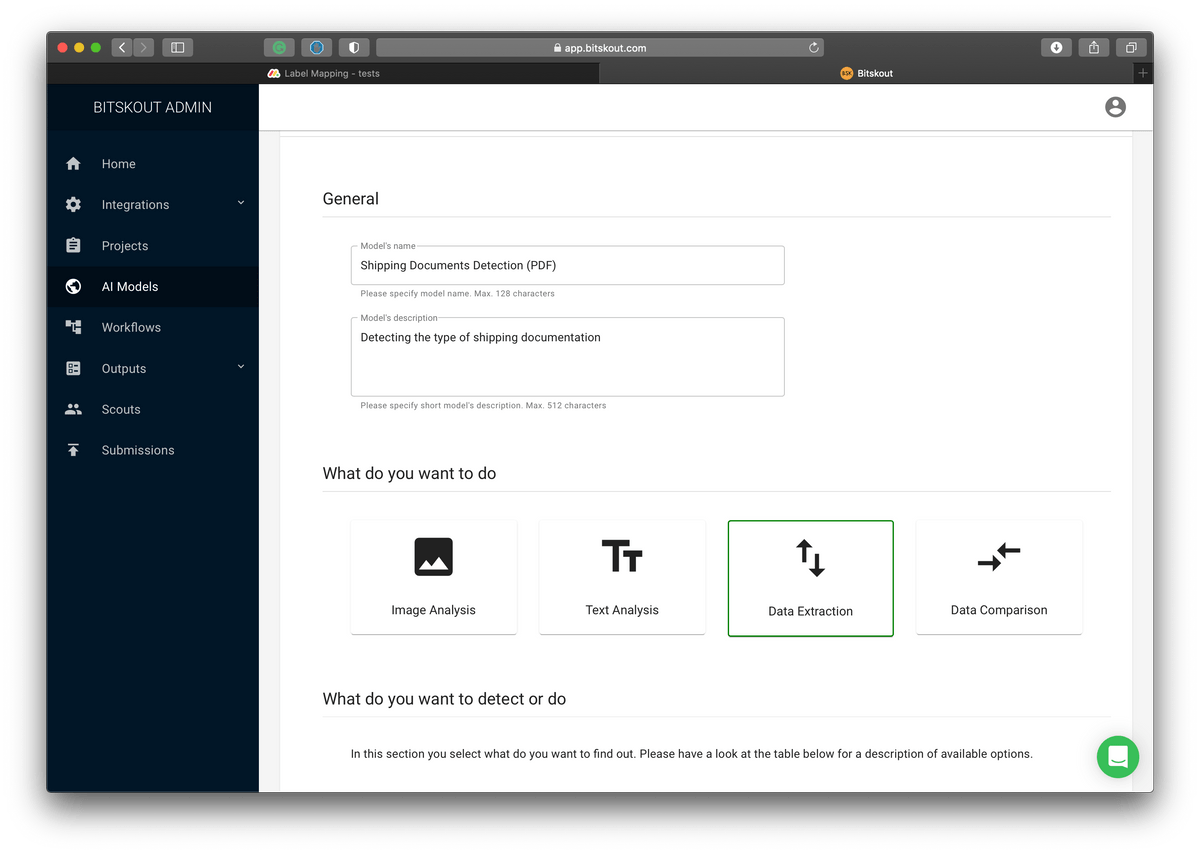 A view of Bitskout screenshot where we create an A.I. model for data extraction to detect our shipping document type A view of Bitskout screenshot where we create an A.I. model for data extraction to detect our shipping document type
