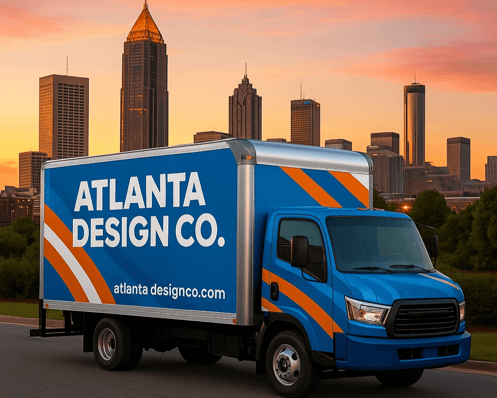 Image of blue truck with vinyl wrap with Atlanta Georgia skyline in background, Side of truck has Logo design and text "ATLANTA DESIGN CO" branding on side and website. Image of blue truck with vinyl wrap with Atlanta Georgia skyline in background, Side of truck has Logo design and text "ATLANTA DESIGN CO" branding on side and website.
