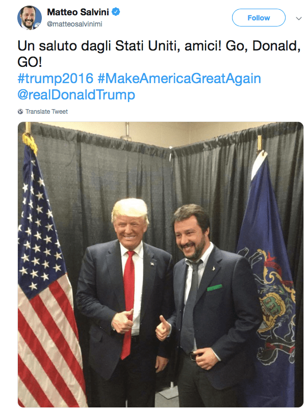 Salvini's tweet from Pennsylvania, April 2016 Salvini's tweet from Pennsylvania, April 2016