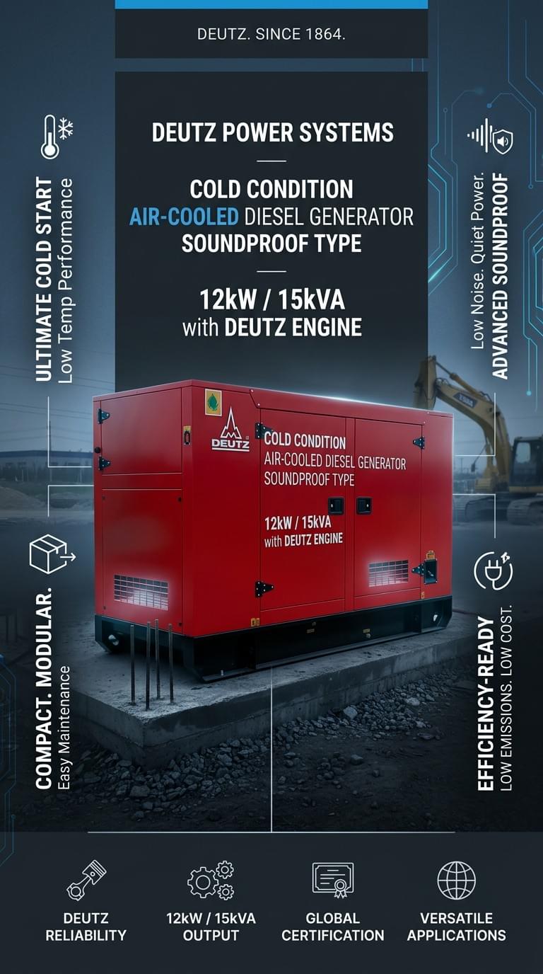 Soundproof Diesel Generator for Cold Conditions, 12kW/15kVA, Air-Cooled, with Deutz Engine