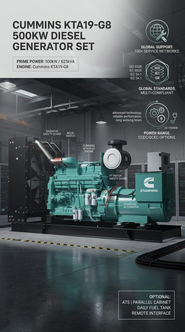Powered by Cummins KTA19-G8 Engine 500kW Diesel Generator Set 625kva