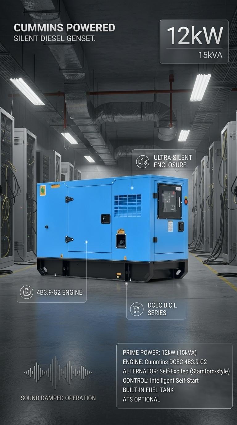 12kW Silent Type Diesel Generator Set with 15kva Power 4B3.9-G2 Engine Self-Running Alternator