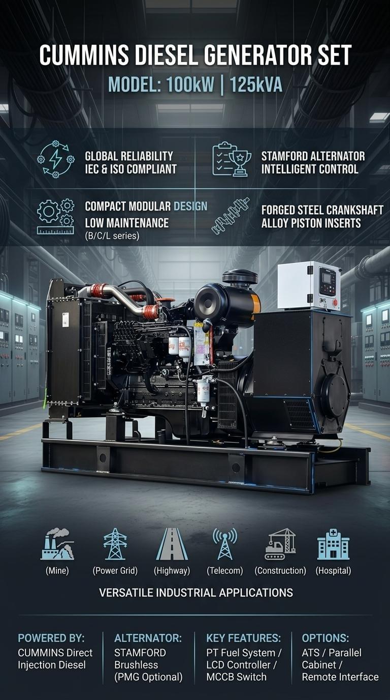 WIth Cummins Engine 125kva Diesel Generator Set Electric Power Generator Set 100kW