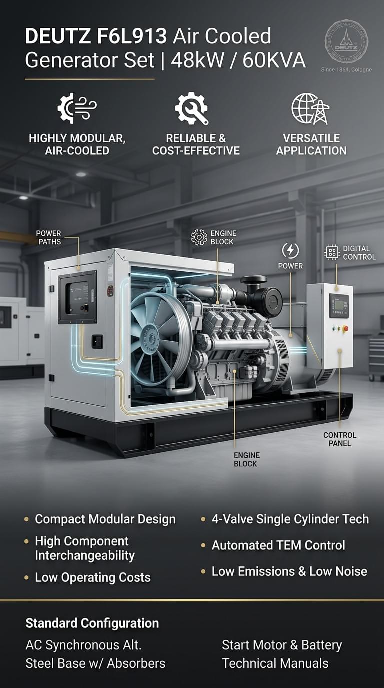 48kW/60KVA Air-Cooled Diesel Generator Set with Deutz F6L913 Engine
