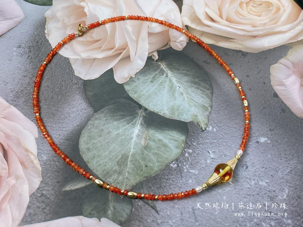 天然琥珀珍珠芬達項鍊|《印象日出》