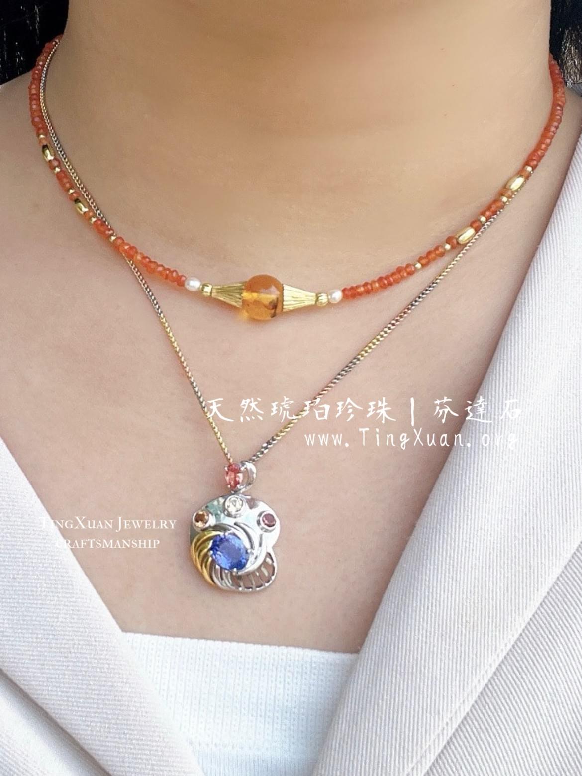 天然琥珀珍珠芬達項鍊|《印象日出》