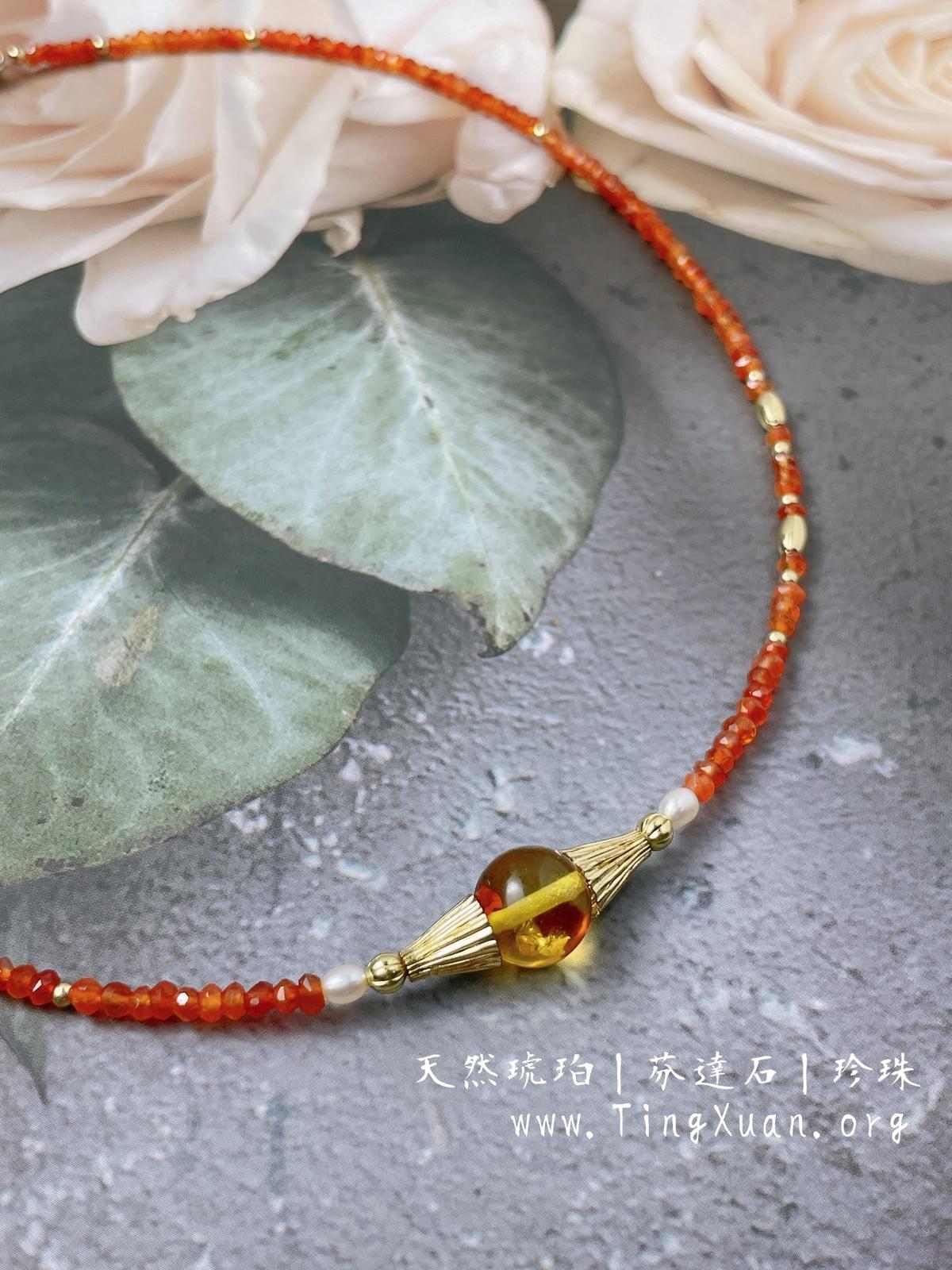 天然琥珀珍珠芬達項鍊|《印象日出》