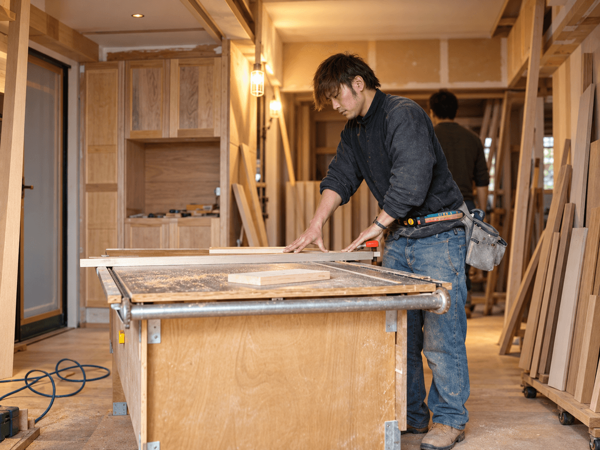 裝潢工班木工師傅在大棠室內設計桃園施工現場的木作工作檯旁專注作業。 裝潢工班木工師傅在大棠室內設計桃園施工現場的木作工作檯旁專注作業。