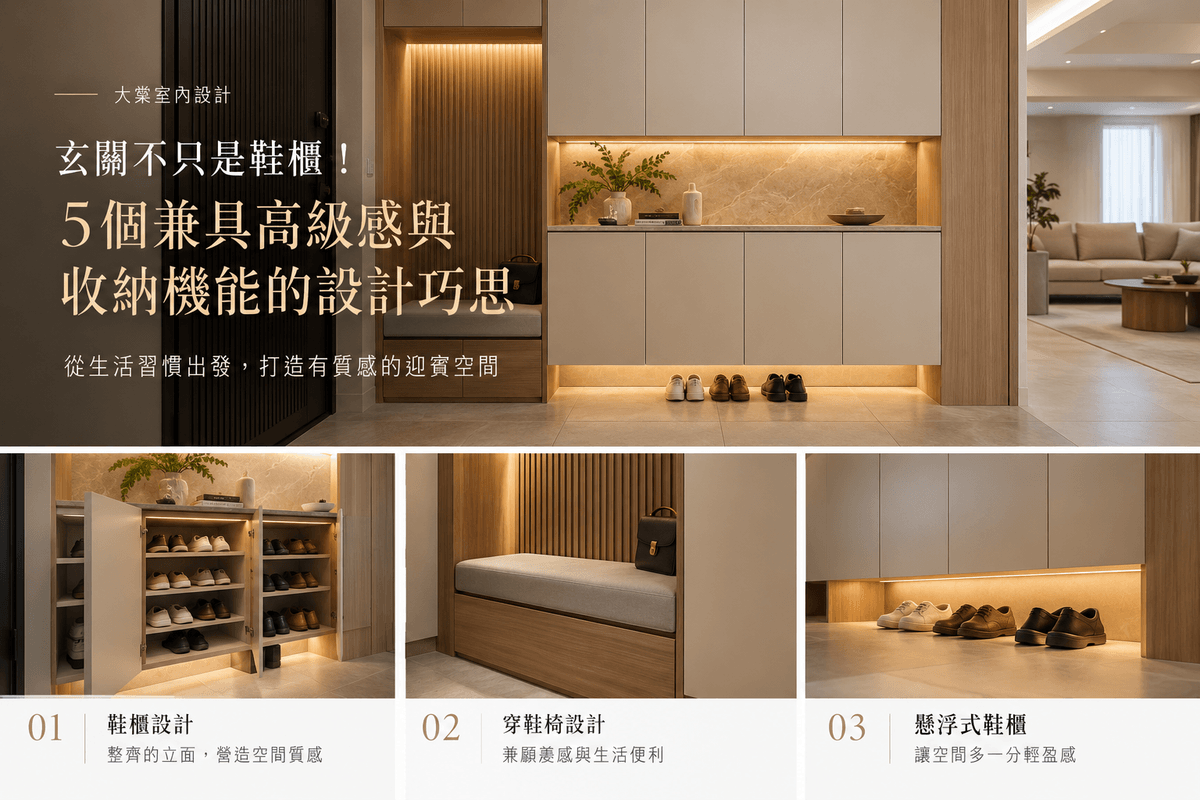 桃園玄關收納設計以現代簡約風格為主軸,運用米白色系統鞋櫃、溫潤木質格柵與柔和間接照明,營造精緻且溫馨的居家氛圍。透過懸浮式鞋櫃、開放式展示平台及穿鞋椅的整合規劃,兼顧美觀與實用收納機能,讓玄關空間更顯輕盈、整潔且富有層次。大棠室內設計分享桃園新成屋裝潢與小坪數室內設計靈感,打造兼具高級質感與生活便利性的理想住宅空間。 桃園玄關收納設計以現代簡約風格為主軸,運用米白色系統鞋櫃、溫潤木質格柵與柔和間接照明,營造精緻且溫馨的居家氛圍。透過懸浮式鞋櫃、開放式展示平台及穿鞋椅的整合規劃,兼顧美觀與實用收納機能,讓玄關空間更顯輕盈、整潔且富有層次。大棠室內設計分享桃園新成屋裝潢與小坪數室內設計靈感,打造兼具高級質感與生活便利性的理想住宅空間。
