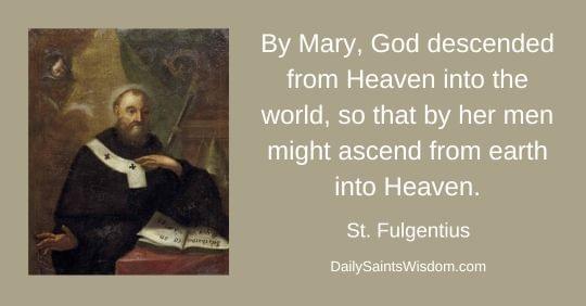 By Mary, God descended from Heaven into the world, so that by her men might ascend from earth into Heaven. Saint Fulgentius DailySaintsWisdom.com with an image of Saint Fulgentius By Mary, God descended from Heaven into the world, so that by her men might ascend from earth into Heaven. Saint Fulgentius DailySaintsWisdom.com with an image of Saint Fulgentius