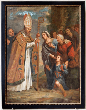 Saint Blaise holding a crozier in one hand and giving a blessing with his right hand to a young man with people surrounding the young man who is seated Saint Blaise holding a crozier in one hand and giving a blessing with his right hand to a young man with people surrounding the young man who is seated