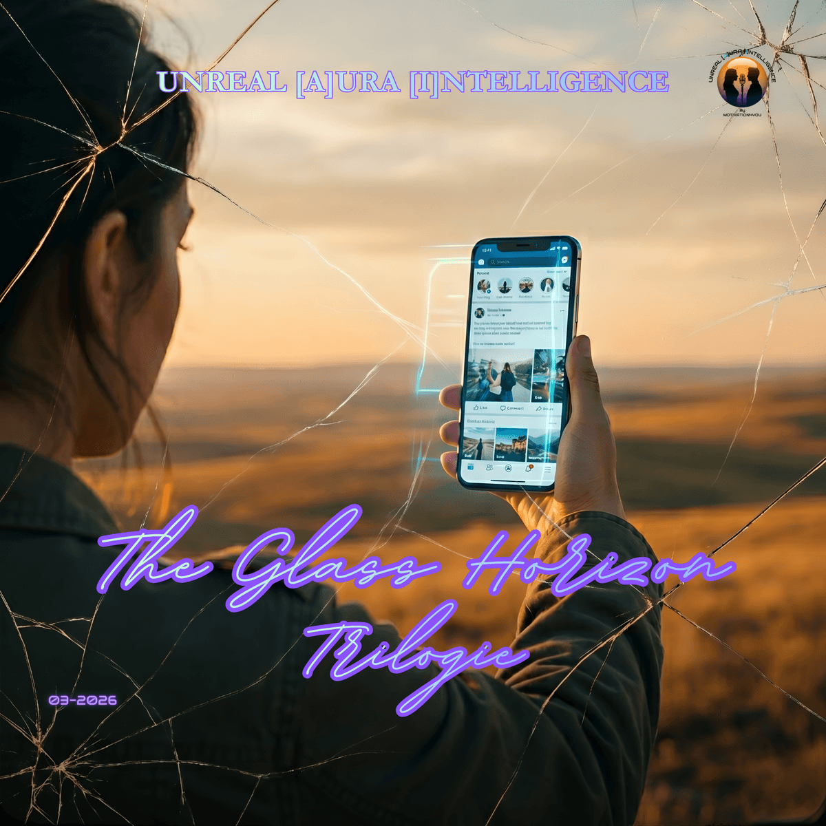 Album cover for The Glass Horizon — a disc format artwork showing a rain-soaked cityscape viewed from above at dusk, fractured by electric blue cracks radiating outward like a shattered screen Album cover for The Glass Horizon — a disc format artwork showing a rain-soaked cityscape viewed from above at dusk, fractured by electric blue cracks radiating outward like a shattered screen