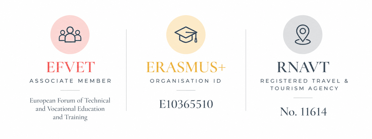 EASIS Bridge credentials: EfVET Associate Member, Erasmus+ Organisation ID E10365510 and RNAVT registered travel and tourism agency No. 11614 EASIS Bridge credentials: EfVET Associate Member, Erasmus+ Organisation ID E10365510 and RNAVT registered travel and tourism agency No. 11614