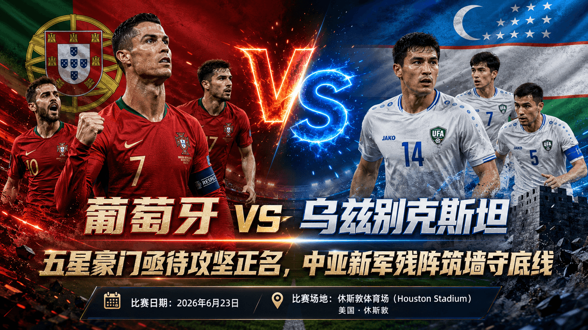 熊猫体育世界杯前瞻:6月23日葡萄牙 VS 乌兹别克斯坦对战配图,展示带五星豪门亟待攻坚正名标语、两队球星在休斯敦球场背景下交锋的官方世界杯海报 熊猫体育世界杯前瞻:6月23日葡萄牙 VS 乌兹别克斯坦对战配图,展示带五星豪门亟待攻坚正名标语、两队球星在休斯敦球场背景下交锋的官方世界杯海报