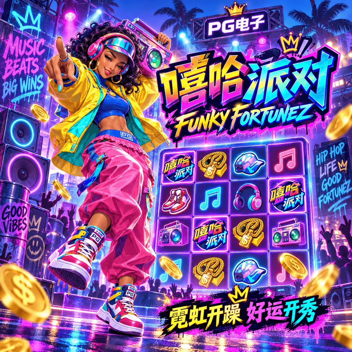 PG电子官网《嘻哈派对|Funky Fortunez》游戏主题图片 PG电子官网《嘻哈派对|Funky Fortunez》游戏主题图片
