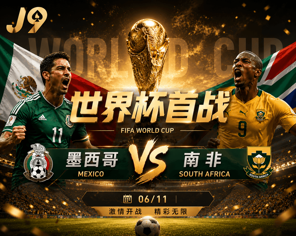 熊猫体育世界杯前瞻:墨西哥 VS 南非首战对战配图,展示带有06/11揭幕战日期、两队核心球员与队徽的官方黑金概念海报及战术分析 熊猫体育世界杯前瞻:墨西哥 VS 南非首战对战配图,展示带有06/11揭幕战日期、两队核心球员与队徽的官方黑金概念海报及战术分析