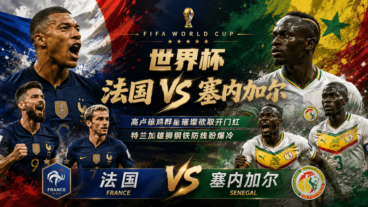熊猫体育世界杯前瞻:法国 VS 塞内加尔对战配图,展示两队核心巨星形象、官方队徽与钢铁防线战术标语的世界杯黑金概念海报 熊猫体育世界杯前瞻:法国 VS 塞内加尔对战配图,展示两队核心巨星形象、官方队徽与钢铁防线战术标语的世界杯黑金概念海报
