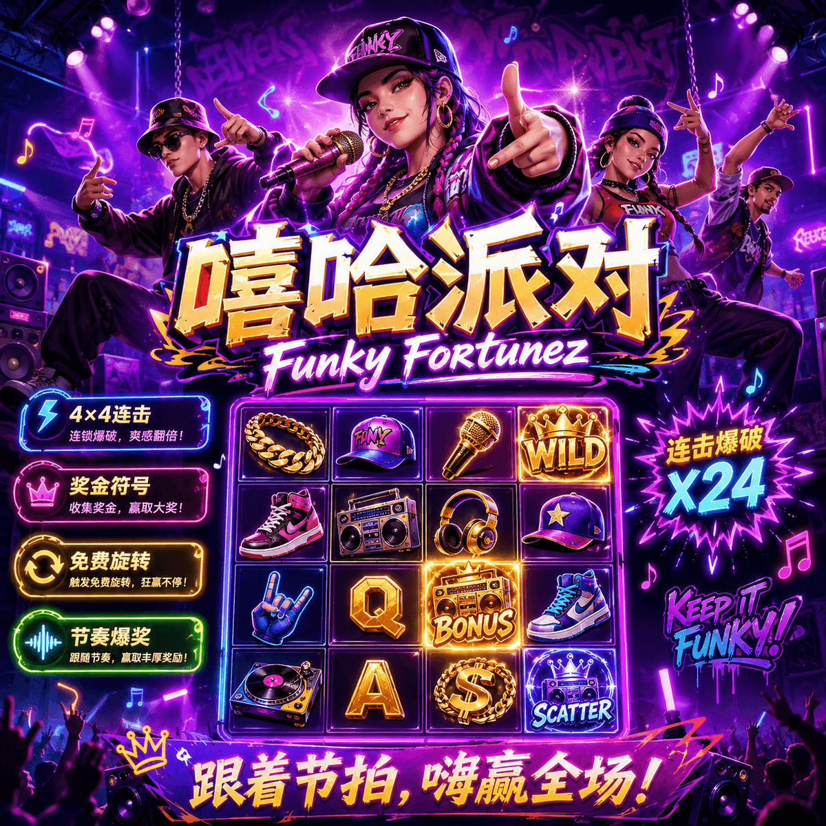 PG电子《嘻哈派对|Funky Fortunez》游戏主题图片 PG电子《嘻哈派对|Funky Fortunez》游戏主题图片