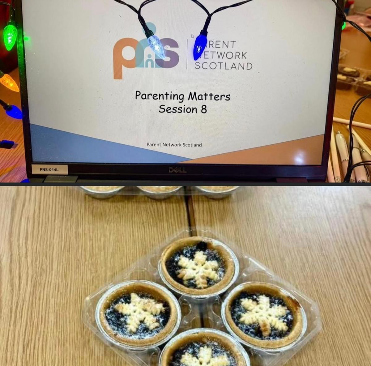 A laptop screen displays a Parent Network Scotland “Parenting Matters – Session 8” presentation, with mince pies arranged on a table in front. A laptop screen displays a Parent Network Scotland “Parenting Matters – Session 8” presentation, with mince pies arranged on a table in front.
