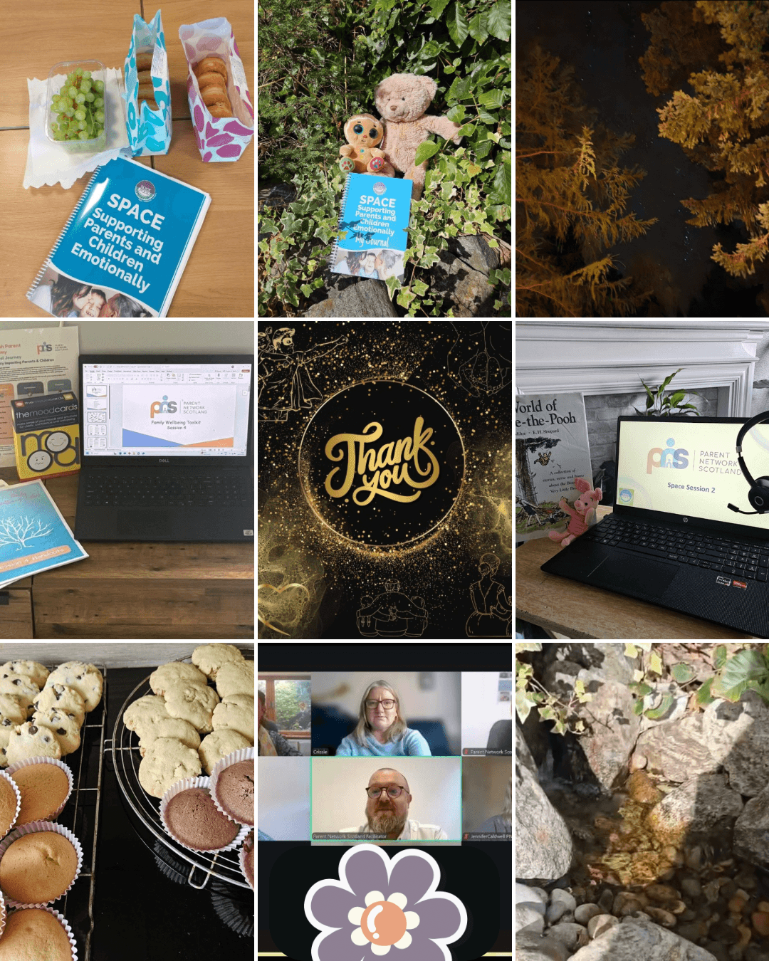 A 3×3 photo collage showing activities from a parent-support programme: snacks beside SPACE emotional-support workbooks; soft toys outdoors holding a SPACE journal; a night sky through tree branches; a laptop set up for an online session with Parent Network Scotland materials; a gold ‘Thank You’ graphic; another laptop displaying a SPACE session slide; freshly baked cupcakes and cookies; a video-call screen with facilitators smiling; and a small stream flowing over rocks A 3×3 photo collage showing activities from a parent-support programme: snacks beside SPACE emotional-support workbooks; soft toys outdoors holding a SPACE journal; a night sky through tree branches; a laptop set up for an online session with Parent Network Scotland materials; a gold ‘Thank You’ graphic; another laptop displaying a SPACE session slide; freshly baked cupcakes and cookies; a video-call screen with facilitators smiling; and a small stream flowing over rocks