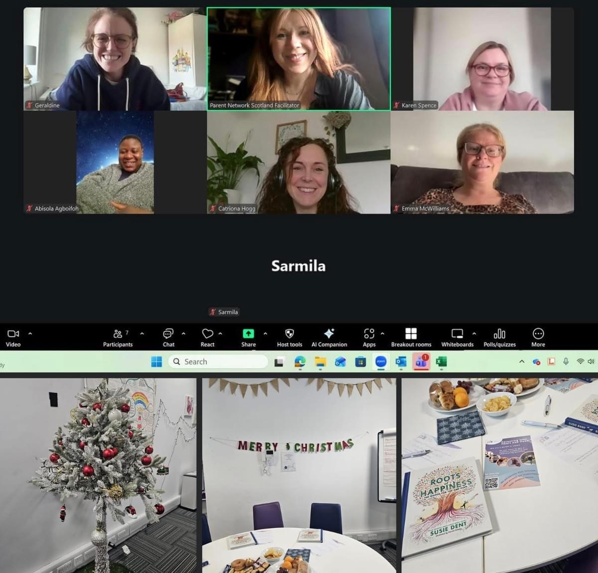 A video call shows a group of people smiling in an online meeting, alongside images of a festive meeting room with a decorated Christmas tree, table, and resources laid out. A video call shows a group of people smiling in an online meeting, alongside images of a festive meeting room with a decorated Christmas tree, table, and resources laid out.