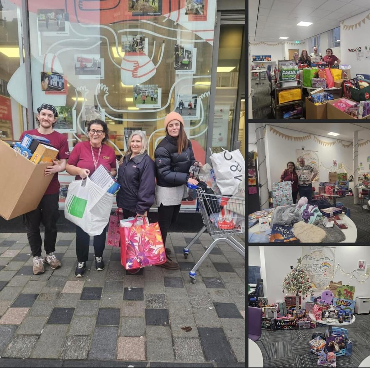 A group of people stand together holding donated toys and bags outside and inside Costa Glasgow during a festive community gift collection. A group of people stand together holding donated toys and bags outside and inside Costa Glasgow during a festive community gift collection.