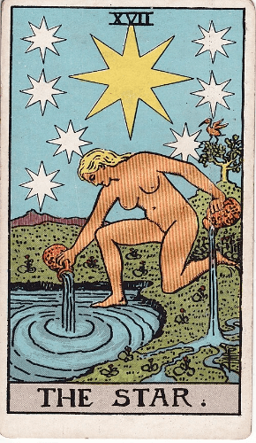 A nude woman kneels by a pond pouring from two pitchers into the pond and the earth while seven stars shine above. A nude woman kneels by a pond pouring from two pitchers into the pond and the earth while seven stars shine above.