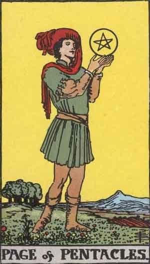 A young page wearing a sage green tunic, light brown leggings, and a red hat stands in a field of flowers contemplating a pentacle. The sky is yellow, with trees, fields, and a mountain range in the background. A young page wearing a sage green tunic, light brown leggings, and a red hat stands in a field of flowers contemplating a pentacle. The sky is yellow, with trees, fields, and a mountain range in the background.