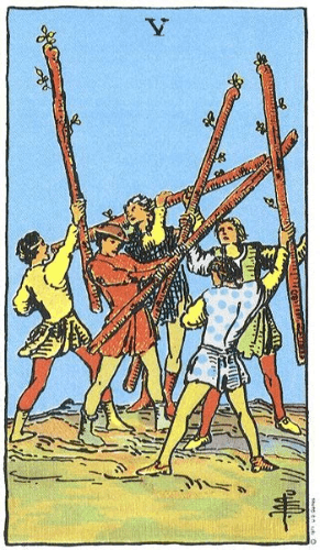 five figures each wielding a staff, all appearing to clash or compete with one another five figures each wielding a staff, all appearing to clash or compete with one another