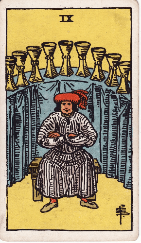 A satisfied, heavyset man sits with his arms crossed and a wide smile, while nine golden cups arc proudly on a draped shelf behind him. A satisfied, heavyset man sits with his arms crossed and a wide smile, while nine golden cups arc proudly on a draped shelf behind him.