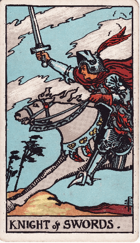 "A tarot card depicting an armored knight on a galloping white horse, sword raised high, charging forward with fierce determination. Feathered plumes crown his helmet, birds and butterflies decorate his armor, and storm clouds fill the background. The horse glances back as if questioning the charge. Text reads: KNIGHT OF SWORDS." "A tarot card depicting an armored knight on a galloping white horse, sword raised high, charging forward with fierce determination. Feathered plumes crown his helmet, birds and butterflies decorate his armor, and storm clouds fill the background. The horse glances back as if questioning the charge. Text reads: KNIGHT OF SWORDS."