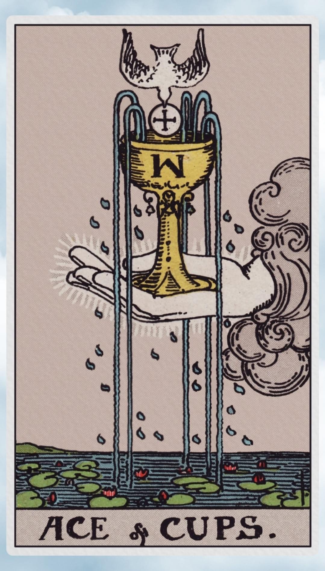 A hand coming out of a cloud holding a golden chalice. A dove dips a wafer causing the cup to overflow into a cal. pond with lilies A hand coming out of a cloud holding a golden chalice. A dove dips a wafer causing the cup to overflow into a cal. pond with lilies