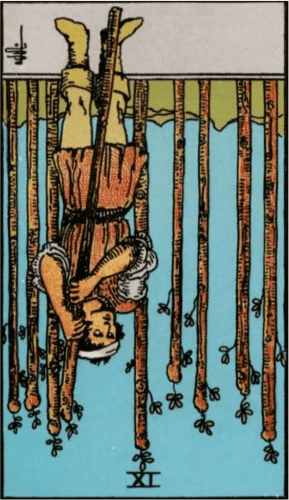 A tarot card labeled IX showing a vigilant figure in a tunic gripping a tall staff, standing before a row of eight upright staffs with small leaves. Rolling green hills and a blue sky fill the background. Nine of Wands A tarot card labeled IX showing a vigilant figure in a tunic gripping a tall staff, standing before a row of eight upright staffs with small leaves. Rolling green hills and a blue sky fill the background. Nine of Wands