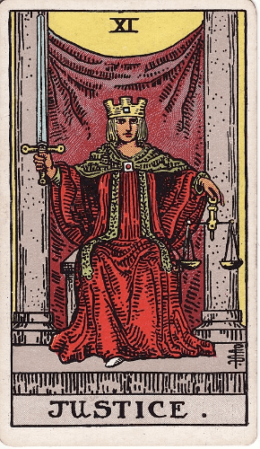 A crowned, robed figure sits between two columns, holding a sword in one hand and gold scales in the other A crowned, robed figure sits between two columns, holding a sword in one hand and gold scales in the other
