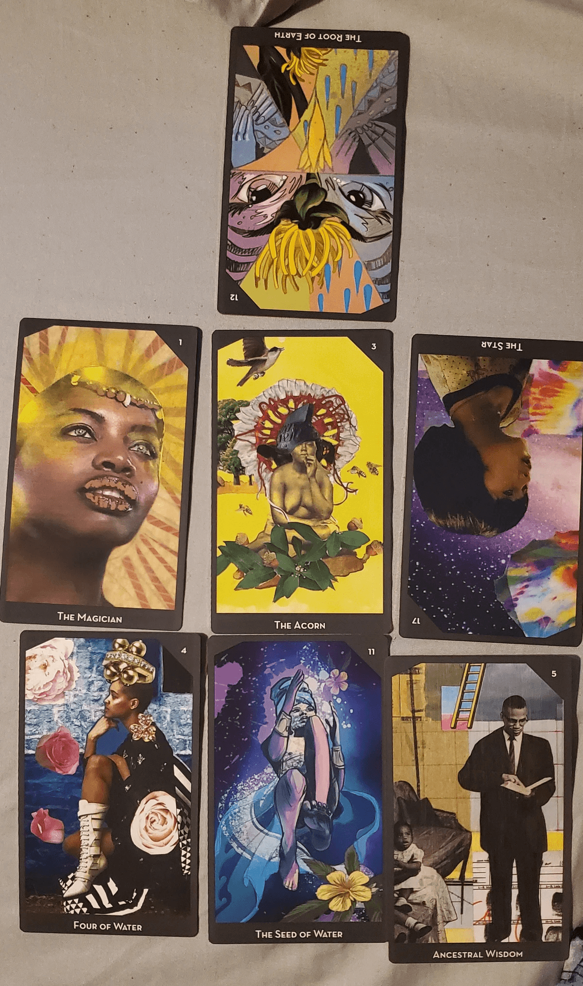 7 tarot cards. 1 on top in the center and then 2 rows of three 7 tarot cards. 1 on top in the center and then 2 rows of three