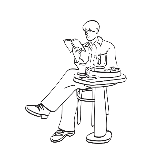 line drawing of a man reading a book and enjoying the snacks next to him on a side table line drawing of a man reading a book and enjoying the snacks next to him on a side table