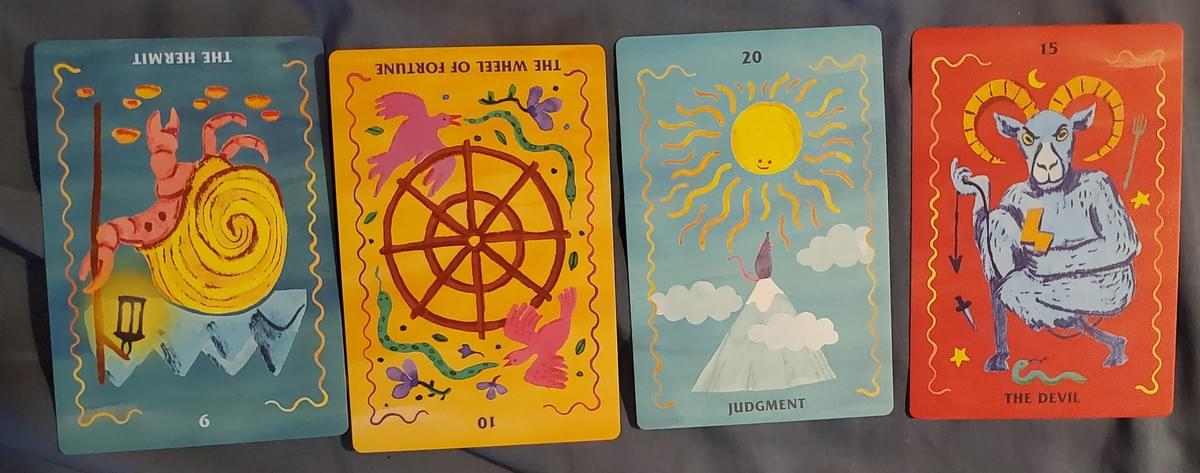 4 Tarot Cards: The Hermit Card reversed, the Wheel of Fortune reversed, Judgment, The Devil 4 Tarot Cards: The Hermit Card reversed, the Wheel of Fortune reversed, Judgment, The Devil