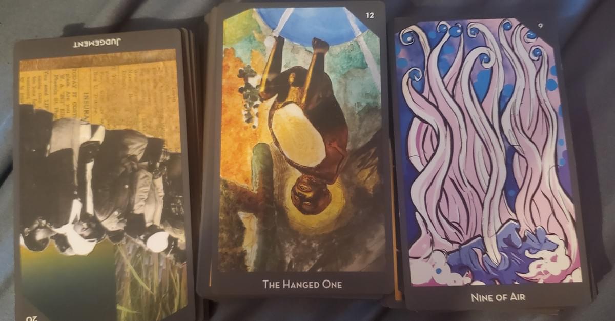 3 Tarot cards: Judgement reversed, The Hanged One, Nine of Air 3 Tarot cards: Judgement reversed, The Hanged One, Nine of Air