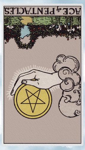 A mysterious hand emerges from a cloud holding a golden pentacle. There is a field of lilies and a hedge of roses in the background, with a floral arch that showcases some mountains. A mysterious hand emerges from a cloud holding a golden pentacle. There is a field of lilies and a hedge of roses in the background, with a floral arch that showcases some mountains.