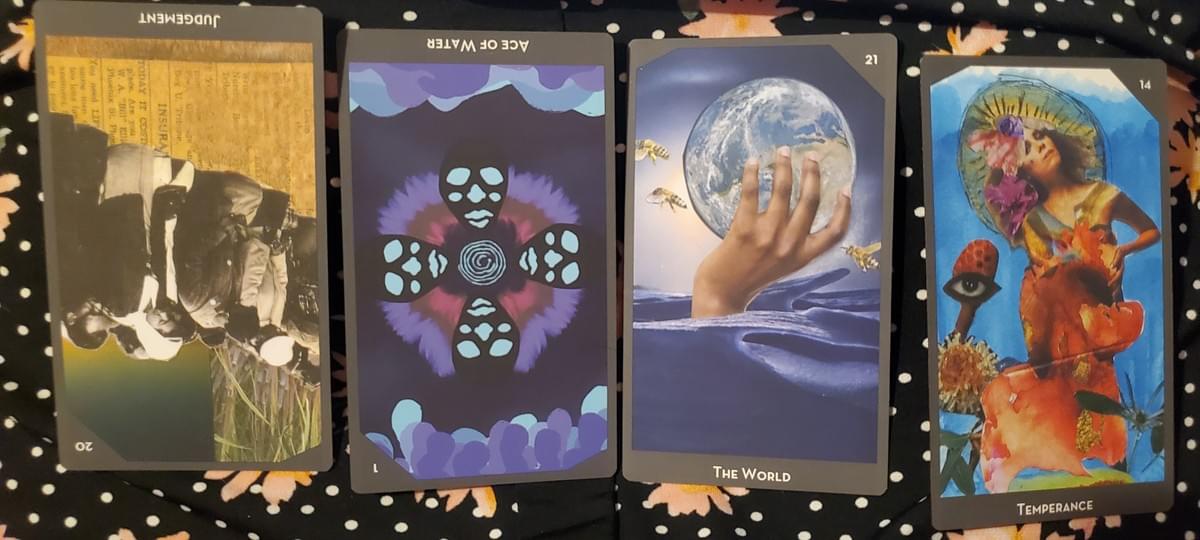 4 Tarot Cards: Judgement reversed, Ace of Water reversed, The World, Temperance 4 Tarot Cards: Judgement reversed, Ace of Water reversed, The World, Temperance