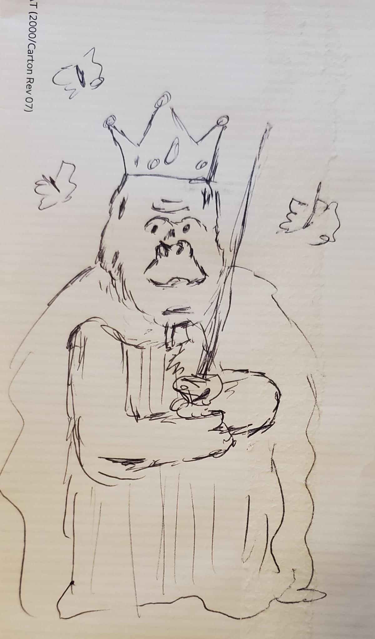 A gorilla king holding a sword surrounded by butterflies A gorilla king holding a sword surrounded by butterflies