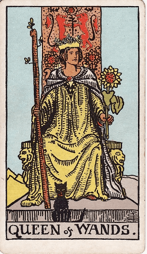 A queen sits on a golden throne carved with lions and sunflowers, holding a tall budding staff in her right hand and a bright sunflower in her left. She sits with her feet wide apart in a confident, open posture. A black cat sits at her feet. The background glows with golden sunflowers and a warm yellow sky. A queen sits on a golden throne carved with lions and sunflowers, holding a tall budding staff in her right hand and a bright sunflower in her left. She sits with her feet wide apart in a confident, open posture. A black cat sits at her feet. The background glows with golden sunflowers and a warm yellow sky.