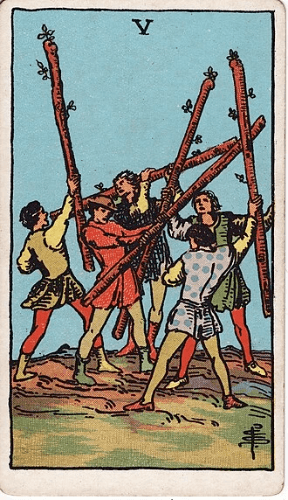Five people carrying large sticks and getting in each others way Five people carrying large sticks and getting in each others way