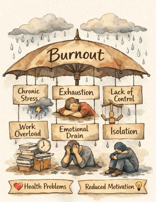 An illustrated burnout graphic showing a large umbrella labelled “Burnout” shielding signs for chronic stress, exhaustion, lack of control, work overload, emotional drain, and isolation. Under the umbrella, tired figures sit or lean in slumped postures, with rain falling around them. Icons at the bottom highlight consequences: health problems and reduced motivation. An illustrated burnout graphic showing a large umbrella labelled “Burnout” shielding signs for chronic stress, exhaustion, lack of control, work overload, emotional drain, and isolation. Under the umbrella, tired figures sit or lean in slumped postures, with rain falling around them. Icons at the bottom highlight consequences: health problems and reduced motivation.